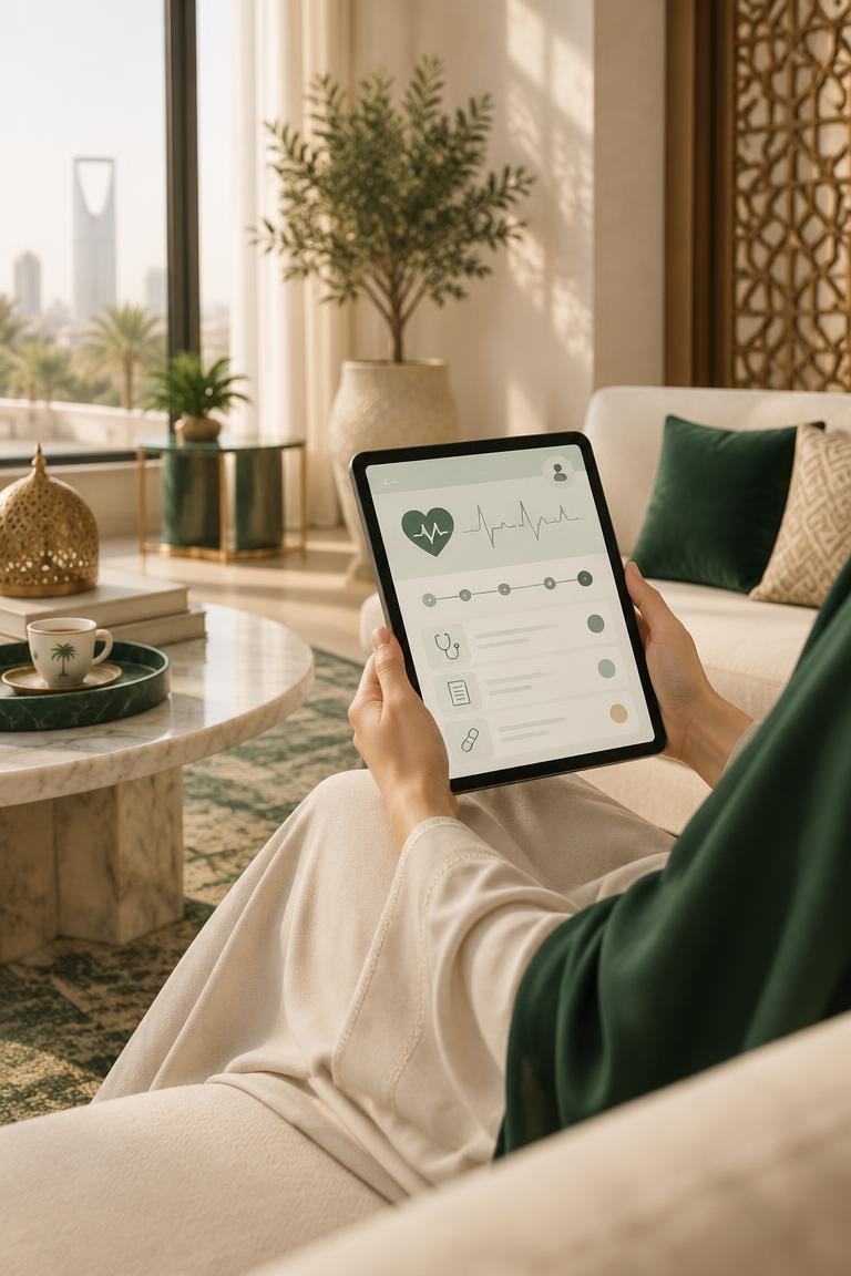 مريضة تتابع ملفها الطبي عبر التابلت من بيتها — متابعة صحية مستمرة
