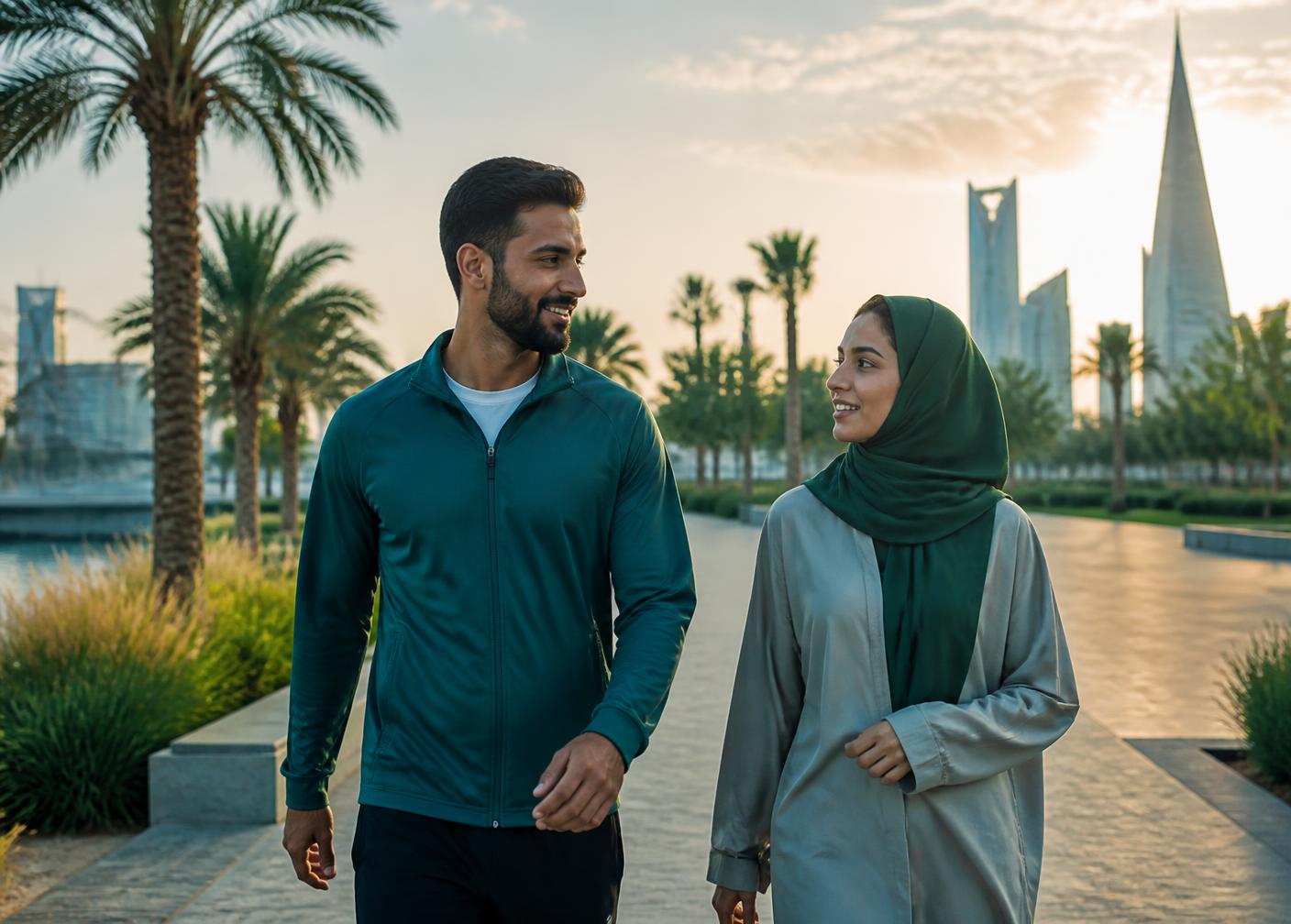 زوجان سعوديان يمشيان في حديقة — نمط حياة صحي